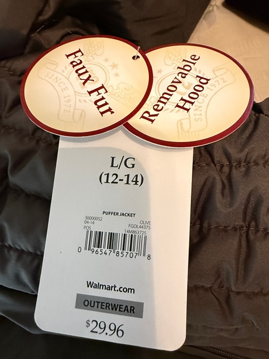 FADED GLORY Olive Green Quilted Hooded Puffer Jacket with Faux-Fur Trim - Picture 5 of 7